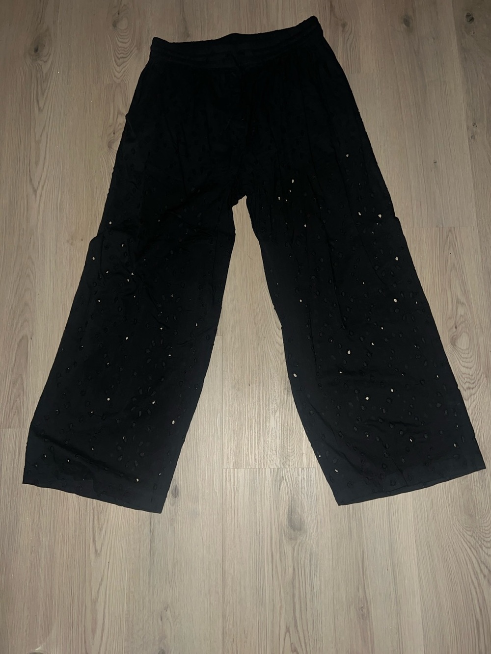 Topshop Broderie Cut Out Wide Leg Pants Black Size L US 12 Cotton Tie Waist
